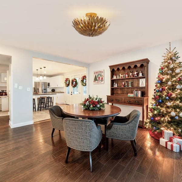 15.75 in. 3-Light Antique Gold Semi-Flush Mount Ceiling Light with Layers of Leaves Shade