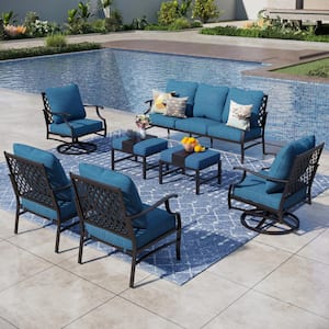 Black Meshed 9-Seat 7-Piece Metal Outdoor Patio Conversation Set with Peacock Blue Cushions 2 Swivel Chairs 2 Ottomans