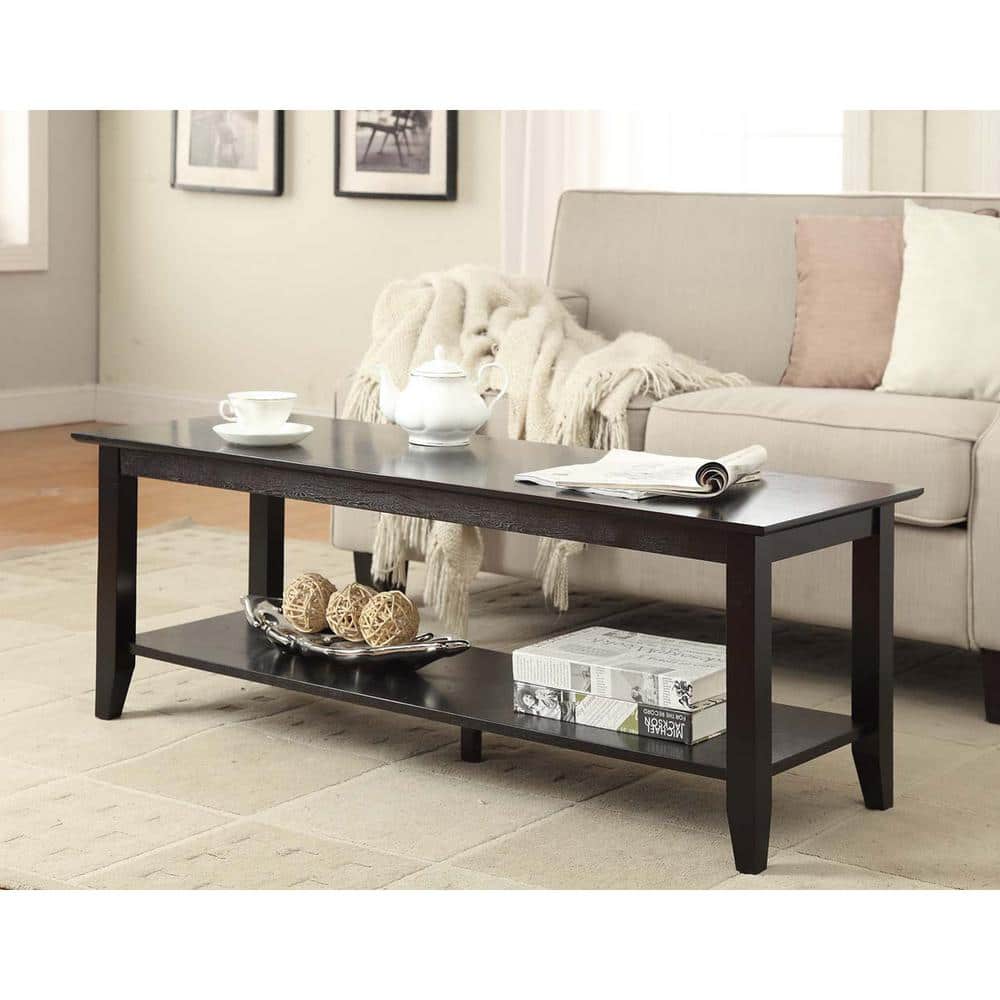 48" Black Rectangular Wood Coffee Table with Storage Shelf