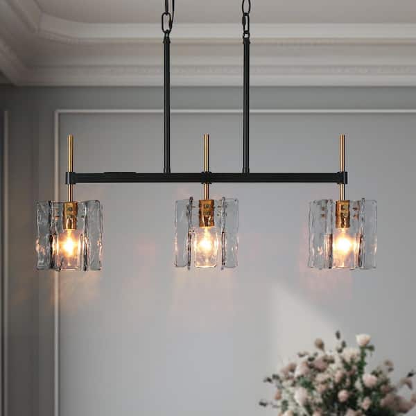 Echonalyri Modern Island 3-Light Glam Matte Black and Plating Brass Chandelier with Geometric Textured Glass Shades