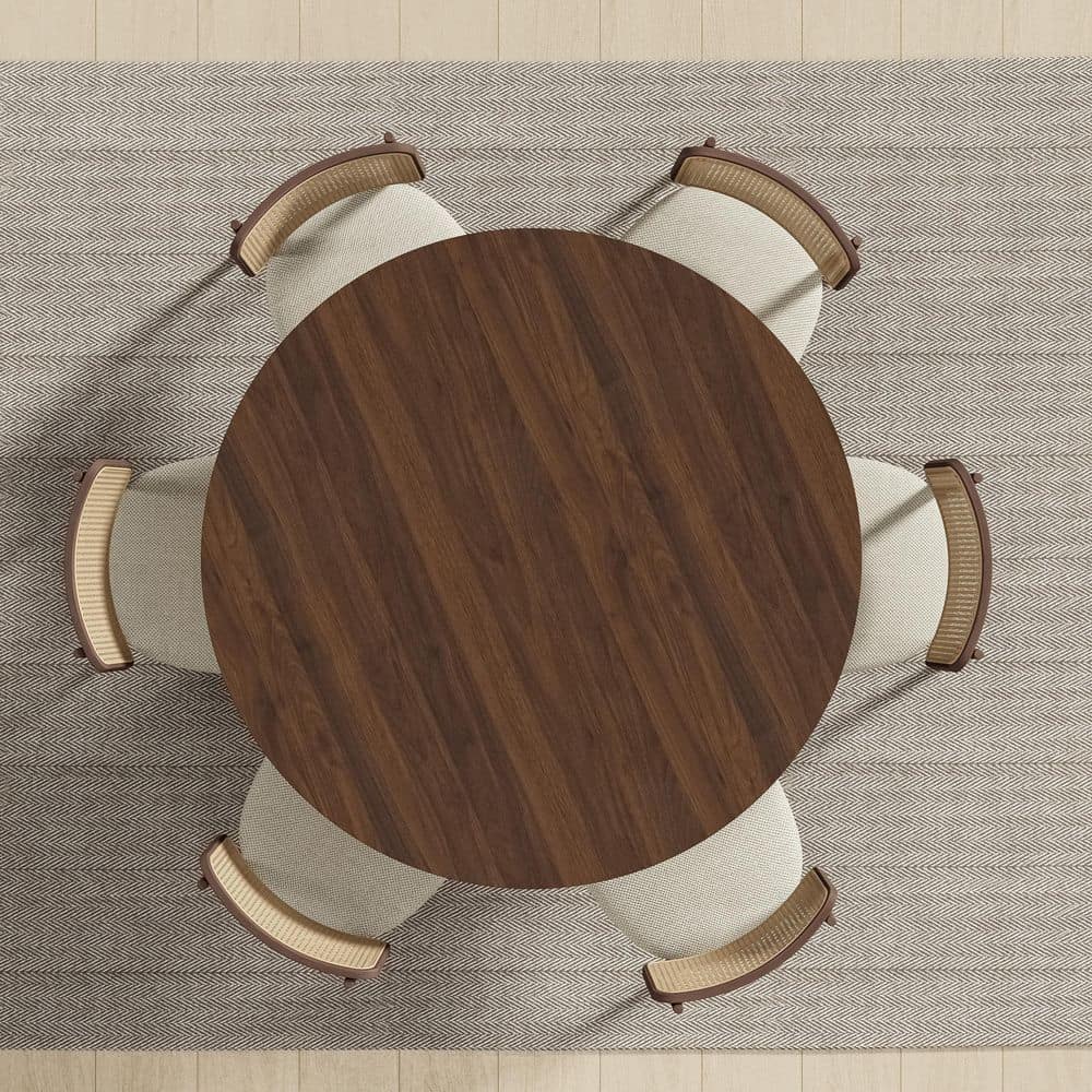Cone Walnut Colored Wood 52" Column Base Wide Strip Round Edge Dining Table for 6