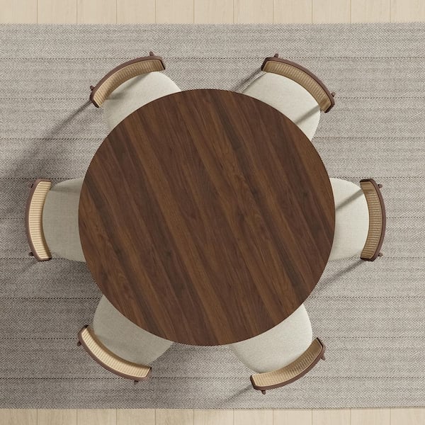 Cone Walnut Colored Wood 52" Column Base Wide Strip Round Edge Dining Table for 6