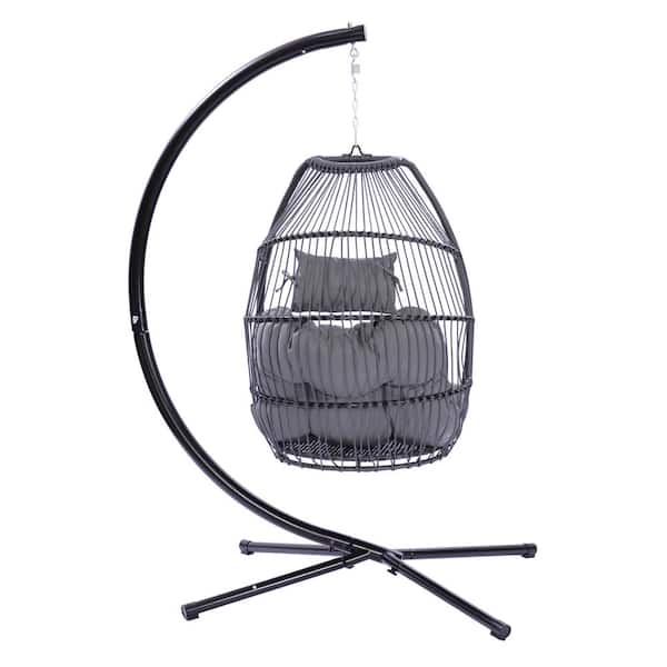 HOTEBIKE 3.8 ft. x 2.8 ft. Outdoor Patio Wicker Folding Free Standing Egg Style Steel Hanging Chair with Gray Cushion and Pillow