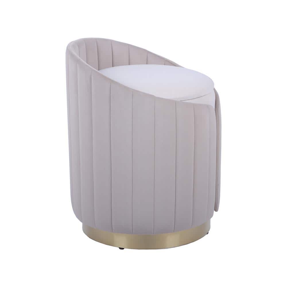 Three-quarter view of the taupe velvet vanity stool with a white seat.