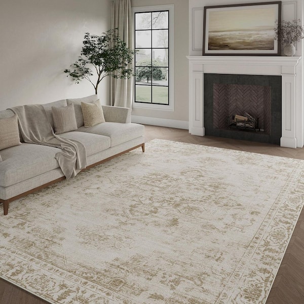 Maria Taupe 9 ft. x 12 ft. Vintage Washable Medallion Distressed Area Rug
