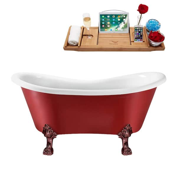 Streamline 62 in. Acrylic Clawfoot Non-Whirlpool Bathtub in Glossy Red With Matte Oil Rubbed Bronze Clawfeet And Matte Black Drain