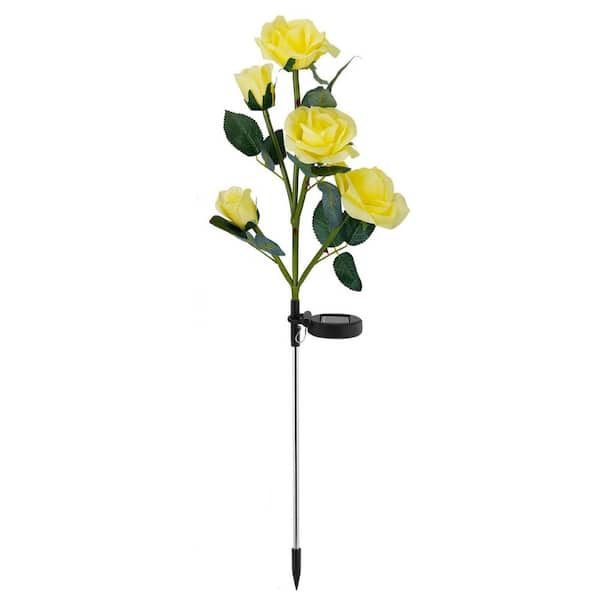 Yellow 2-Pieces Solar Powered Lights Outdoor Rose Flower LED Decorative Lamp Water Resistant Pathway Stake Lights