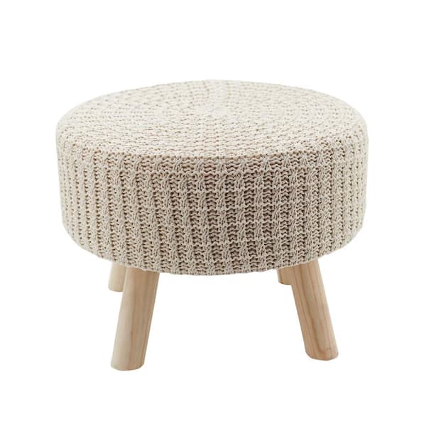 PARISLOFT 17.38 in. Beige Cotton Hand Knitted Round Top Ottoman with Wood Legs