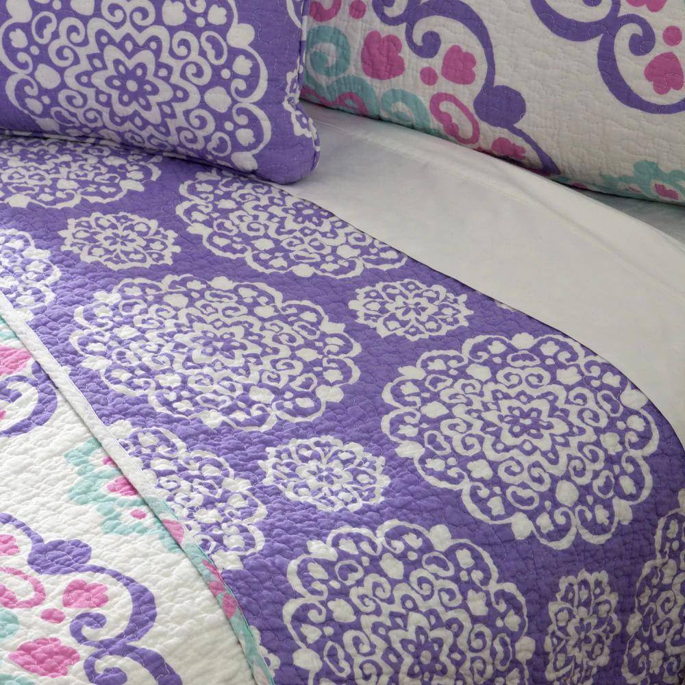 Vivian Purple Reversible Cotton Full Quilt Set
