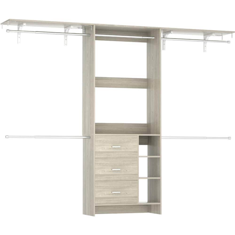 8FT Wood Walk-in Closet System with 3 Drawers and Hanging Rods, Adjustable Garment Rack, White Oak