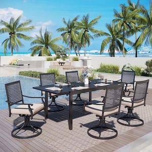7-Piece Metal Outdoor Dining Set with Beige Cushions, Extensible Rectangle Dining Slat Table