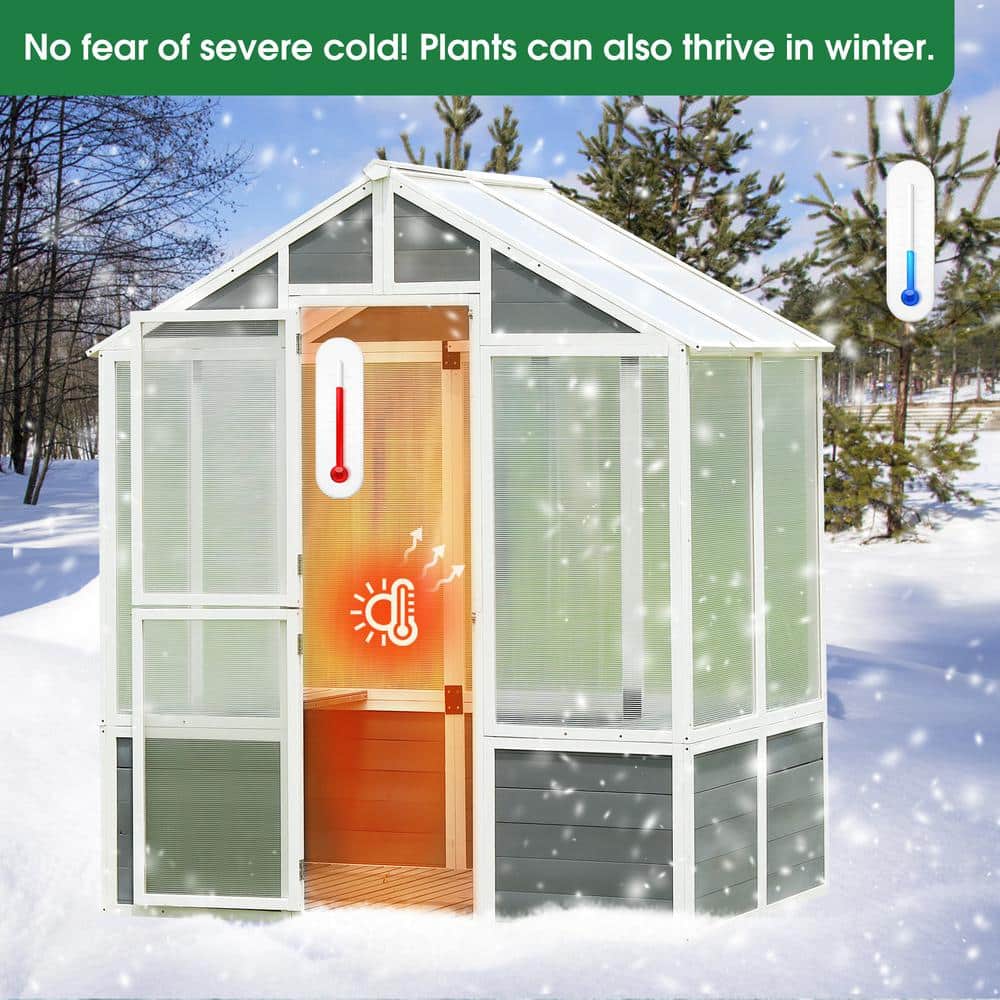 White and Gray Polycarbonate Walk-In Greenhouse with Pine Wood Frame