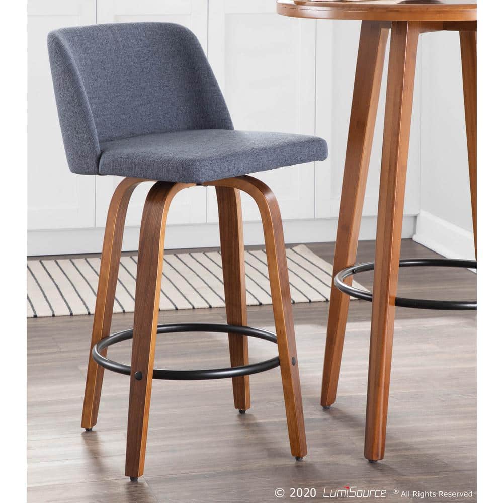 Walnut and Blue Mid-Century Modern Swivel Counter Stools, Set of 2