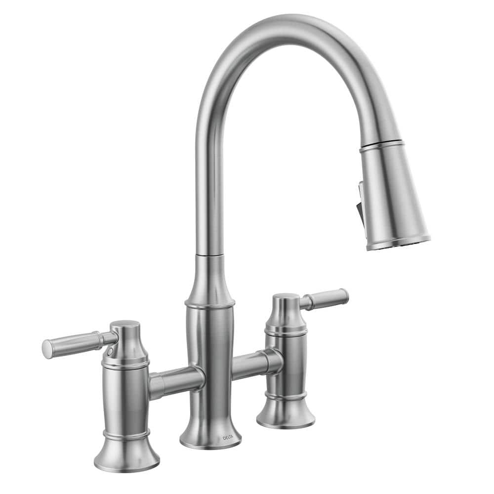 Delta Renaldi Double Handle Bridge Kitchen Faucet in Lumicoat Arctic Stainless