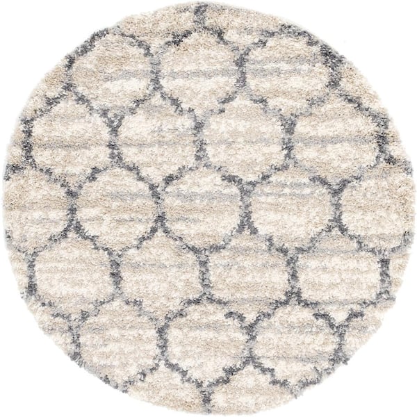 Hygge Shag Trellis Beige 5 ft. x 5 ft. Round Rug