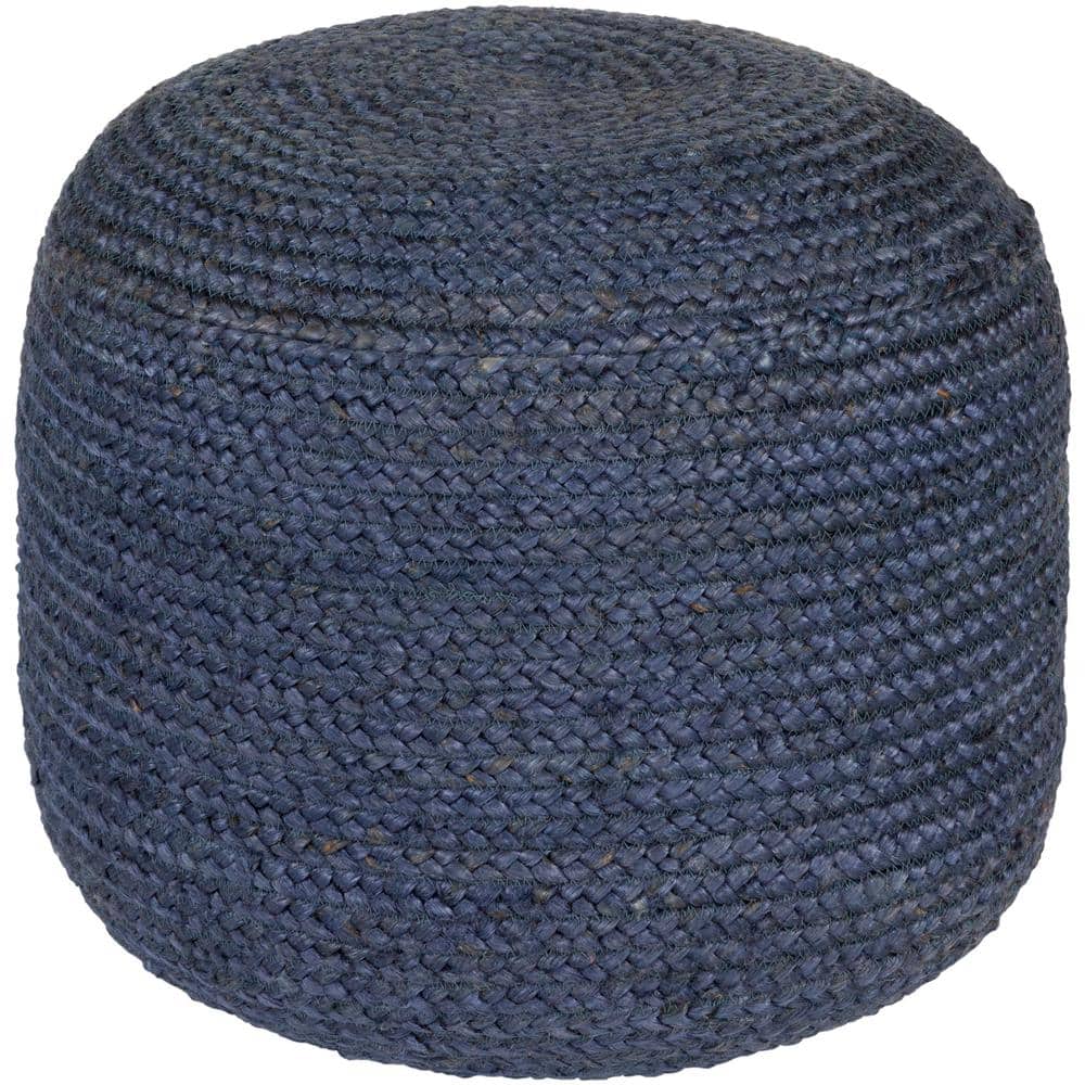 Surya Tropics Dark Blue Woven Jute Round Pouf Ottoman