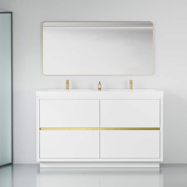 60 in. Freestanding Double Sinks Storage Bath Vanity Cabinet in Glossy White with White Stone Resin Top