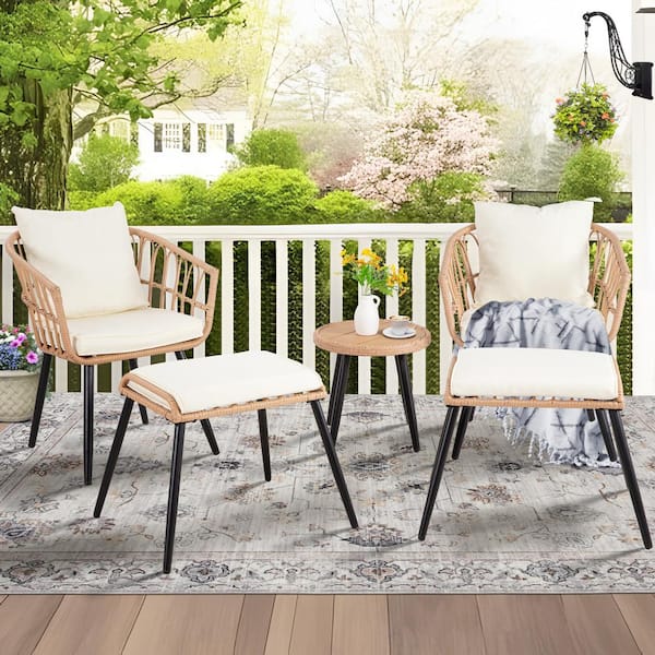 5-Piece Outdoor Wicker Furniture Set with Beige Cushions Conversation Set with Ottomans, PS Wood Tabletop Coffee Table