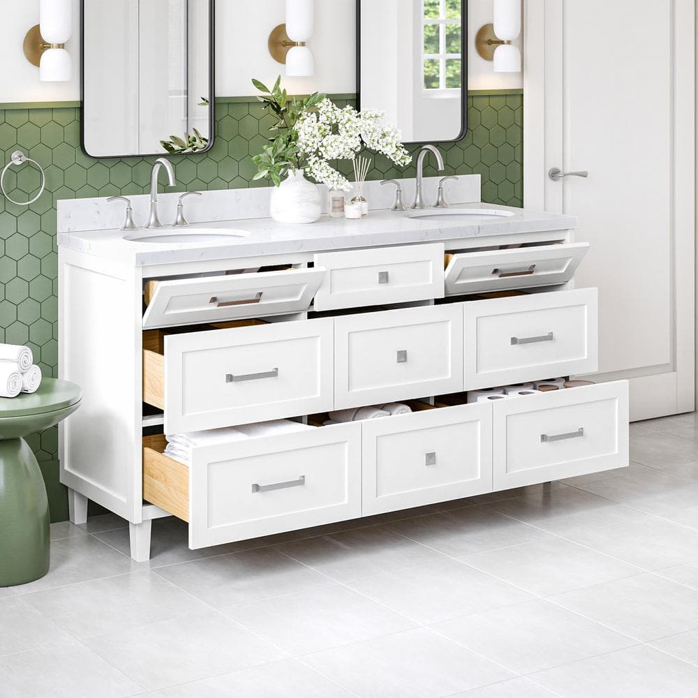 Monroe 66" White Wood Double Sink Vanity with Quartz Top