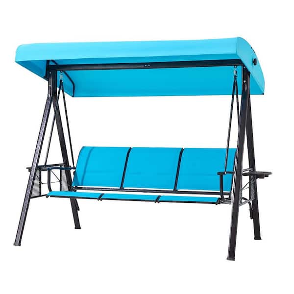 Tenleaf 3-Person Metal Patio Swing with Textilene Backrest & 2 Cup Holders, Lake Blue Adjustable Canopy