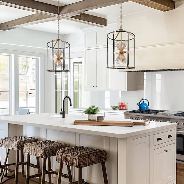 Modern 4-Light Matte Black & Gold Drum Chandelier for Farmhouse Dining Room, Foyer, Living Room with Metal Frame Shade