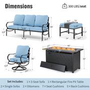 7 Seat 6-Piece Metal Outdoor Patio Conversation Set with Blue Cushions, Swivel Chairs, Rectangular Fire Pit Table