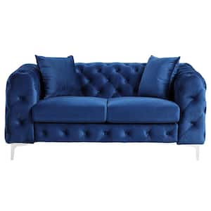 Modern Blue Contemporary 62 in. Love Seat with Deep Button Tufting Dutch Velvet, Solid Wood Frame and Iron Legs