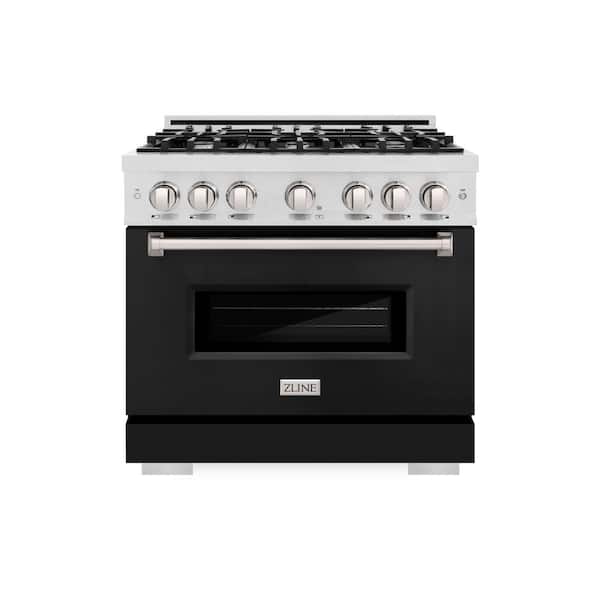 36 in. Classic Dual Fuel Range with 6 Burner Gas Cooktop and Electric Oven in Satin Steel with Black Matte Door