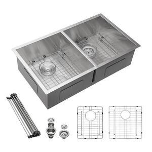 32 in. Undermount Double Bowl 18-Gauge Brushed Nickel Stainless Steel Kitchen Sink Workstation without Faucet