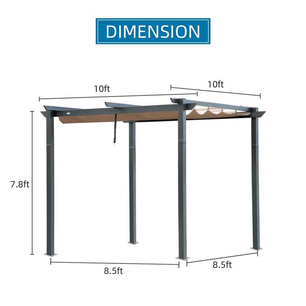 10' x 10' Dark Gray Aluminum Pergola with Retractable Canopy