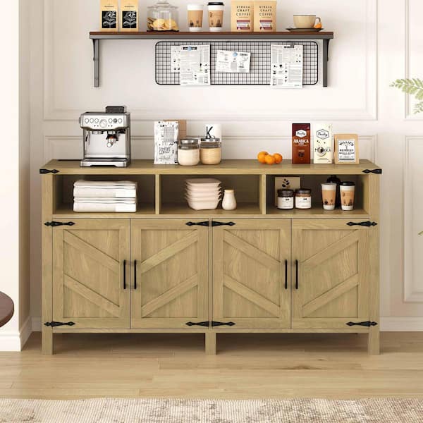 Natural Wood Particle Board Buffet with Power Outlets, USB Ports, Adjustable Shelves and Half-Open