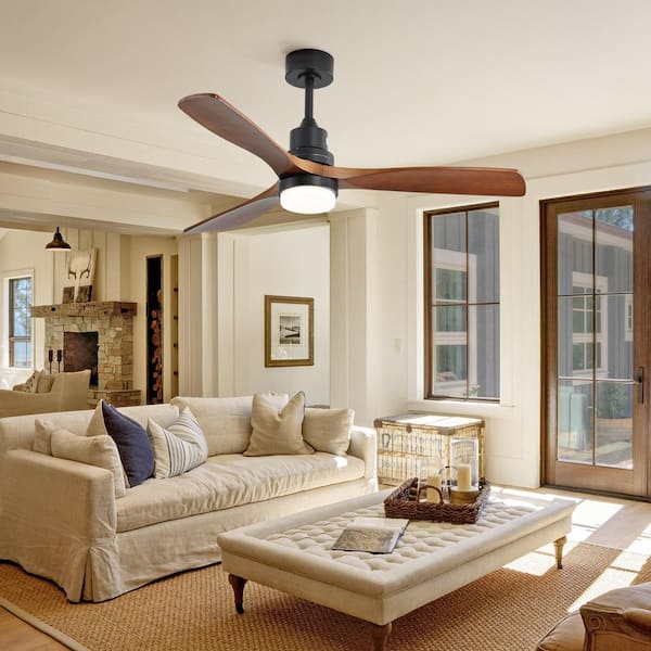 52 in. Modern Solid Wood Indoor/Outdoor Black Standard Downrod Ceiling Fan with Light Kit DC Motor and Remote Control