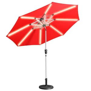 9 ft. Aluminum Market High Quality 3-Way Solar LED Lights Tilt Patio Umbrella in Red