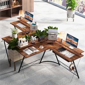 51 in. L-Shaped Rustic Brown Wood Desk with Power Outlet