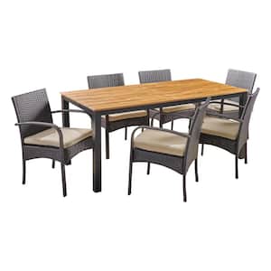 Ballard Teak Brown 7-Piece Wood and Multi-Brown Faux Rattan Outdoor Dining Set with Cream Cushions