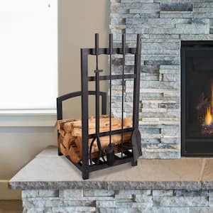 Fireplace Tool Set and Log Rack - 5-Piece Set (Matte Black)