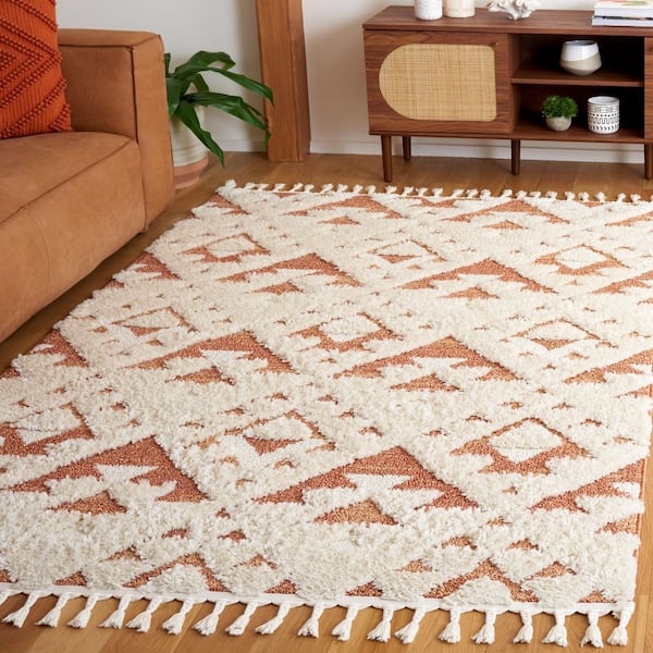Moroccan Tassel Shag Ivory/Brick Rust 8 ft. x 8 ft. High-Low Geometric Fringe Square Area Rug