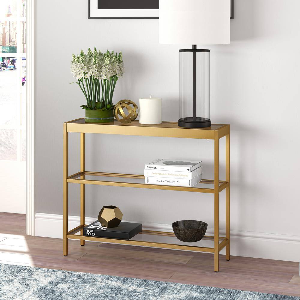 Alexis 36" Gold Metal & Glass Rectangular Console Table with Storage