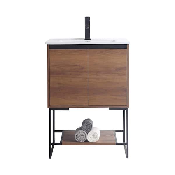 FINE FIXTURES Urbania 24 in. W x 18.5 in. D x 33.5 in. H Bath Vanity in Walnut with Ceramic Vanity Top in White with White Basin