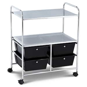 3-Tier Metal 4-Wheeled Rolling Storage Cart Rack Shelf with 4 Drawers in Black