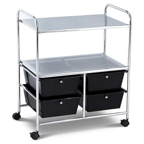 Costway 3-Tier Metal 4-Wheeled Rolling Storage Cart Rack Shelf with 4 Drawers in Black