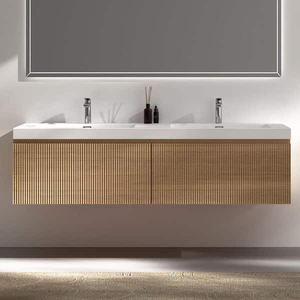 60 in. W Double Sink Natural Oak Floating Bath Vanity with White Solid Surface Top