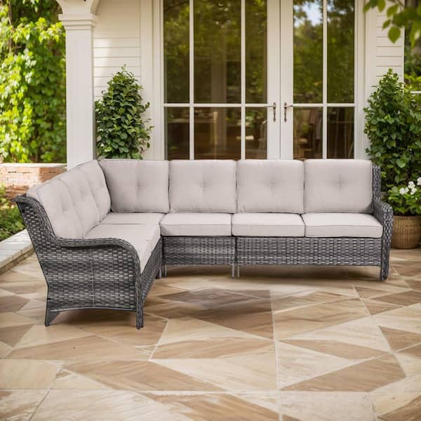 2-Piece Gray Wicker Outdoor Sectional Set with Olefin Beige Cushions/L-Shaped Sofa for Patio Furniture