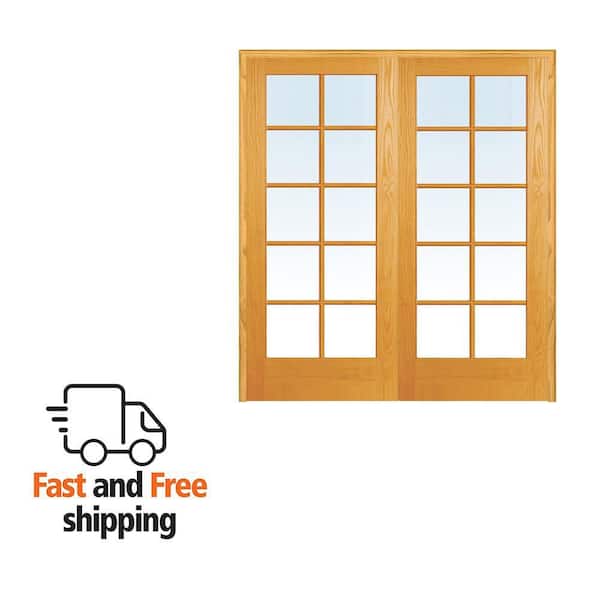 72 in. x 80 in. Both Active Unfinished Pine Glass 10-Lite Clear True Divided Prehung Interior French Door