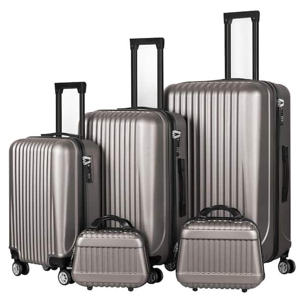HIKOLAYAE 5-Piece Set of Lightweight Rolling Hardside and Checked Luggage Set with Spinner Wheels, Brown