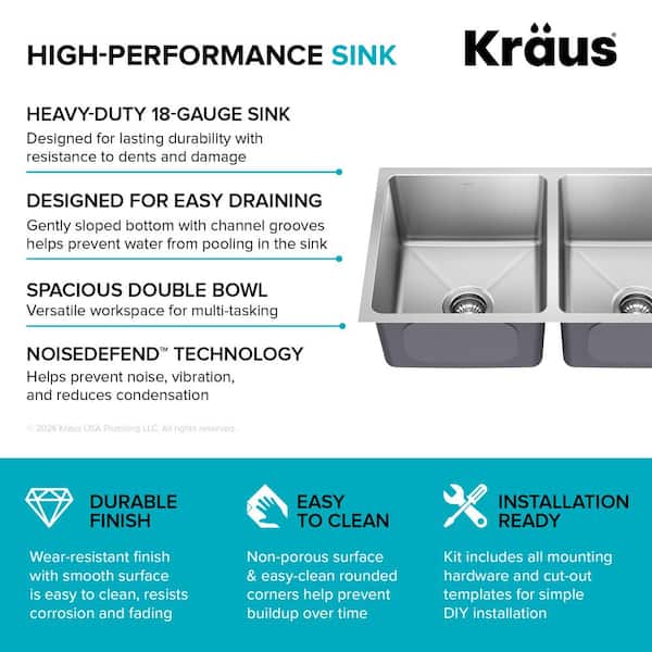 KRAUS Fairlane 33-Undermount Double Bowl 18-Gauge Stainless Steel