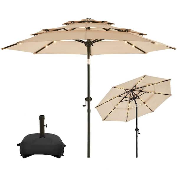 PASAMIC 10 ft. 3 Tiers Steel and Aluminum Solar Led Market Patio Umbrella with Base, Tilt and 32 LED Lights in Beige