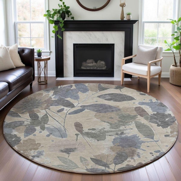 Mayfield Premium Machine Washable Abstract AMF1549 Beige 8 ft. x 8 ft. Round Rug