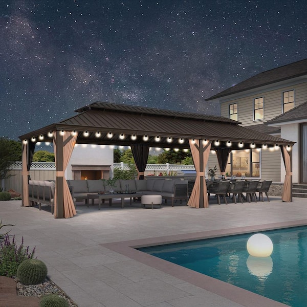 12 ft. x 28 ft. Bronze Patio Outdoor Gazebo for Backyard Hardtop Aluminum Frame w/Hook, Netting, Khaki Curtain,48-Lights