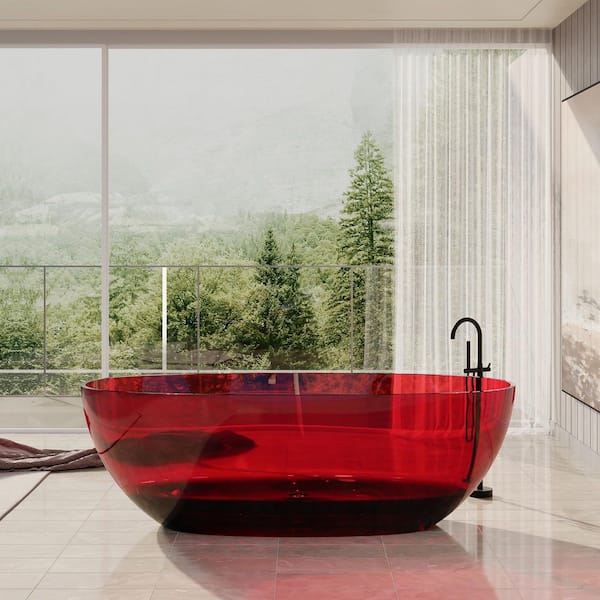 Modern 67 in. x 30 in. Soaking Transparent Resin Bathtub with Center Drain and Hose in Burgundy